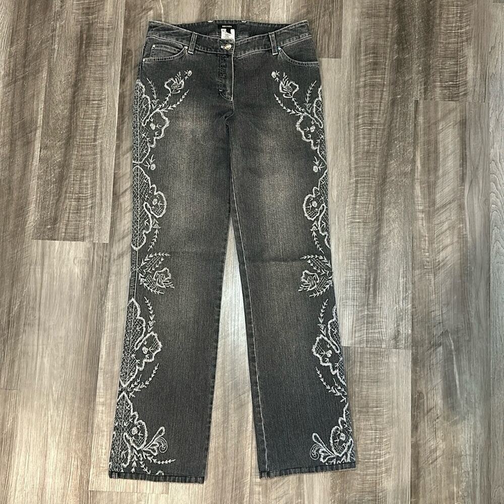 Escada Black Washed Floral Stitched Beaded Embroidery Boot Cut Jeans - 38 (US 8)